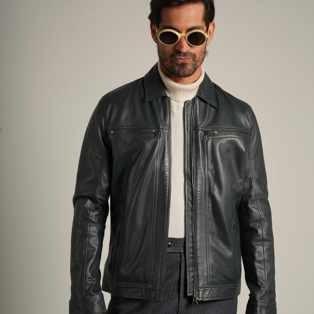 Steel Blue Shirt Collar Leather Jacket - Refined Elegance Meets Modern Sophistication