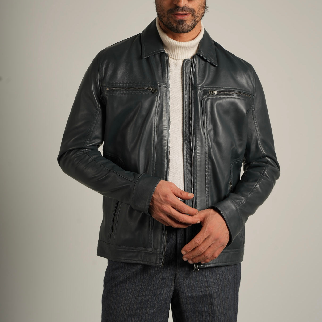 Steel Blue Shirt Collar Leather Jacket - Refined Elegance Meets Modern Sophistication