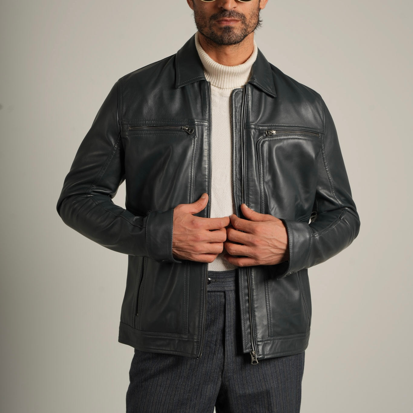 Steel Blue Shirt Collar Leather Jacket - Refined Elegance Meets Modern Sophistication