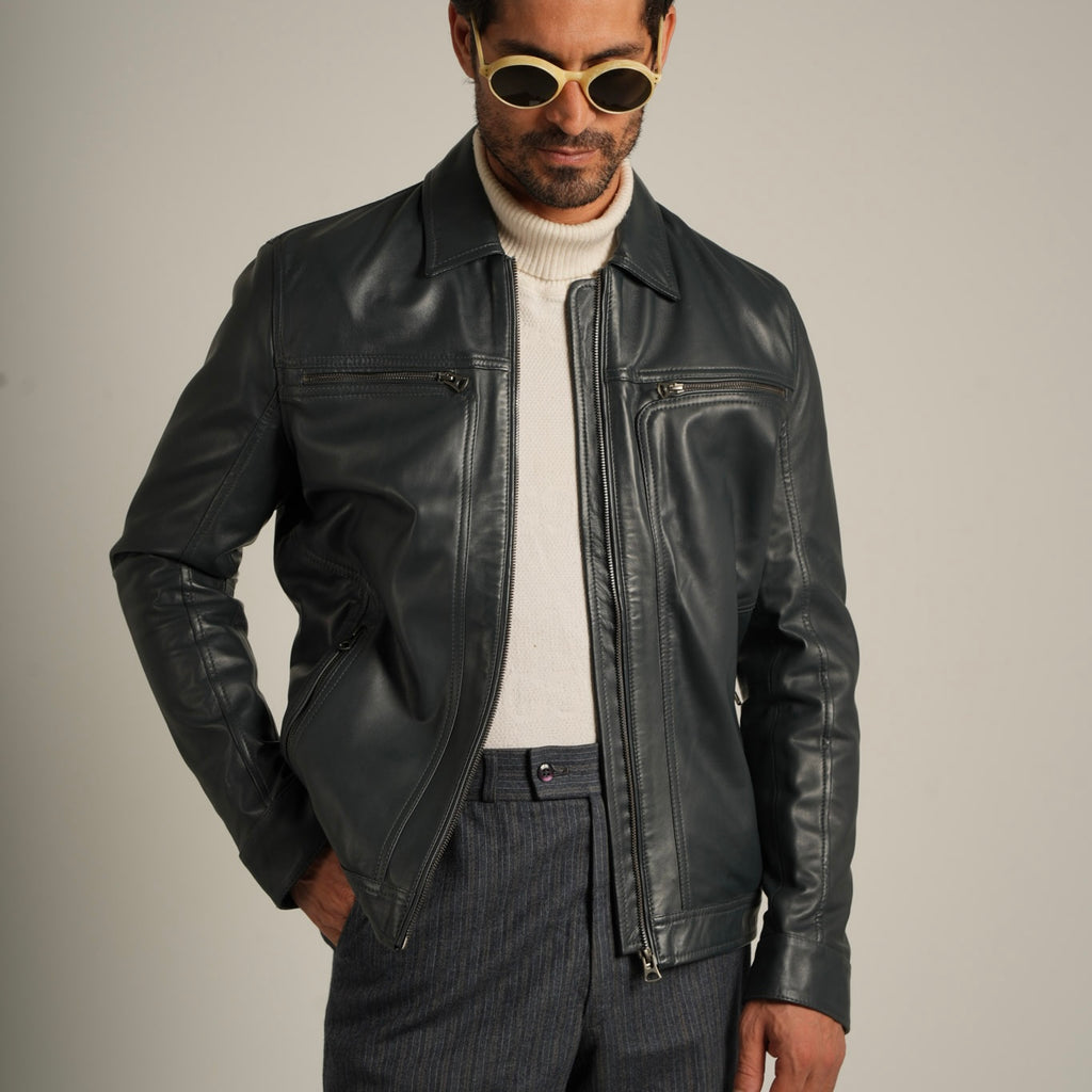 Steel Blue Shirt Collar Leather Jacket - Refined Elegance Meets Modern Sophistication