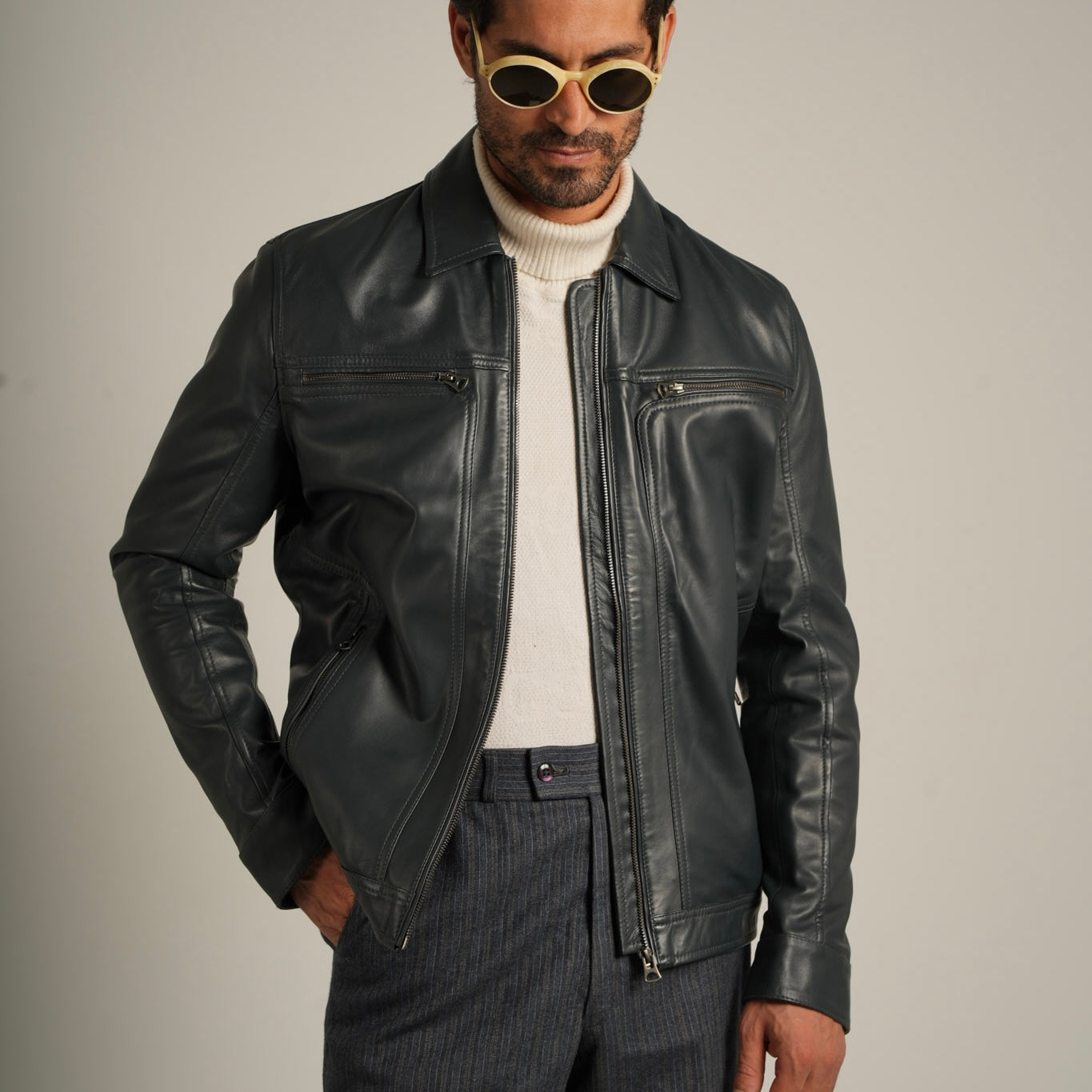Steel Blue Shirt Collar Leather Jacket - Refined Elegance Meets Modern Sophistication