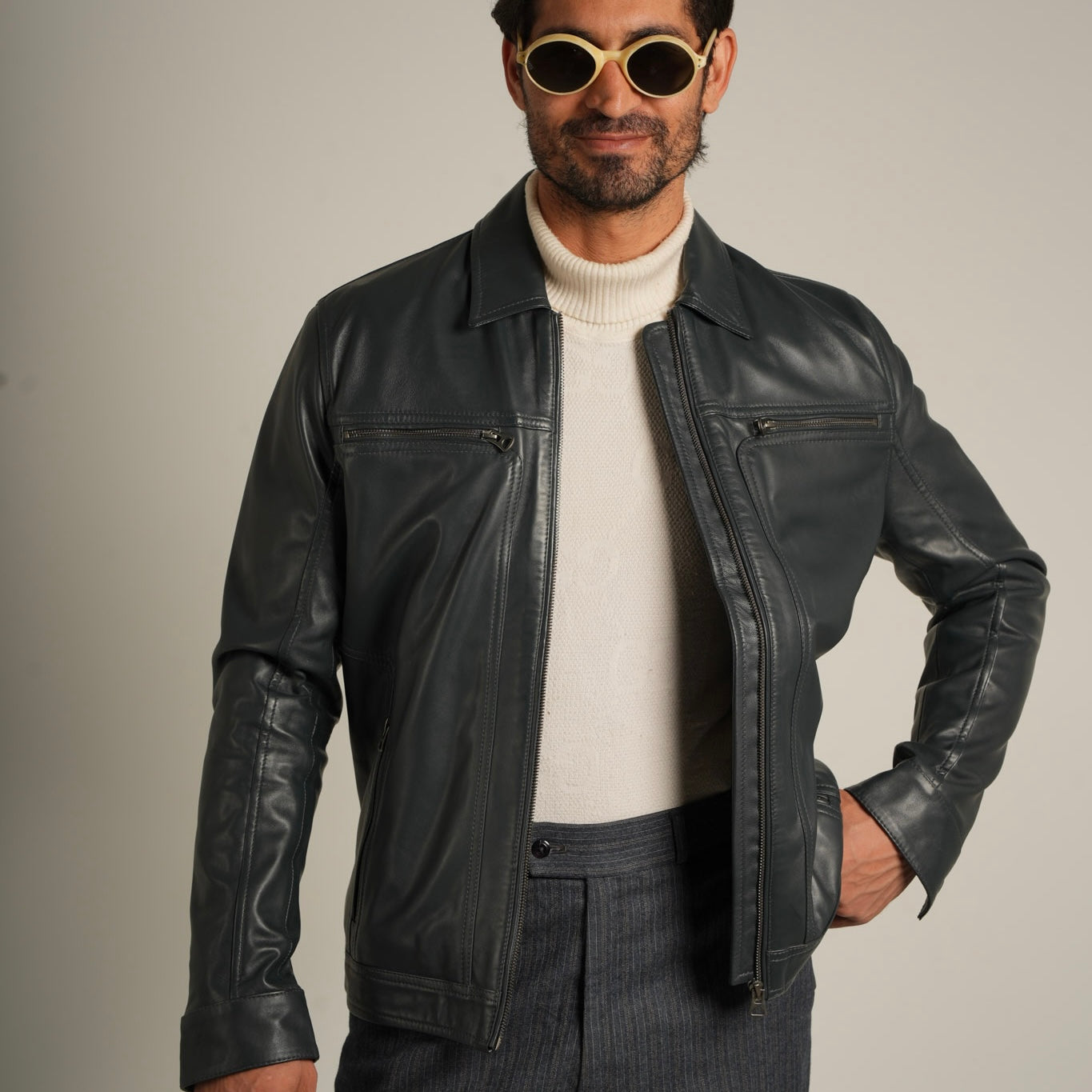 Steel Blue Shirt Collar Leather Jacket - Refined Elegance Meets Modern Sophistication