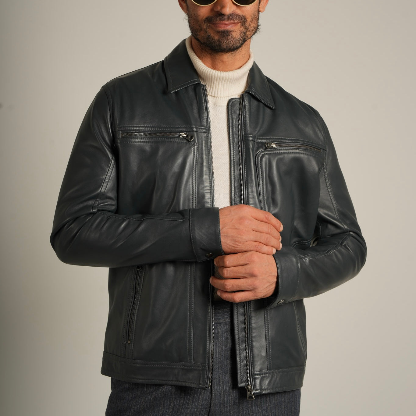 Steel Blue Shirt Collar Leather Jacket - Refined Elegance Meets Modern Sophistication