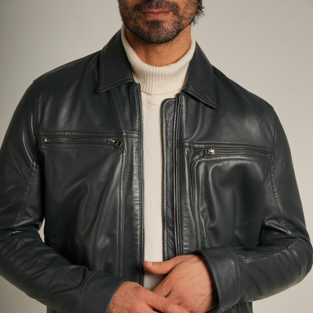 Steel Blue Shirt Collar Leather Jacket - Refined Elegance Meets Modern Sophistication