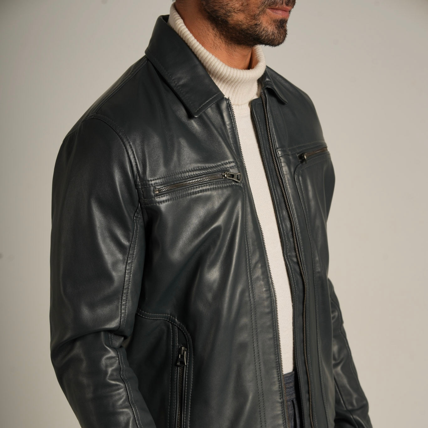 Steel Blue Shirt Collar Leather Jacket - Refined Elegance Meets Modern Sophistication