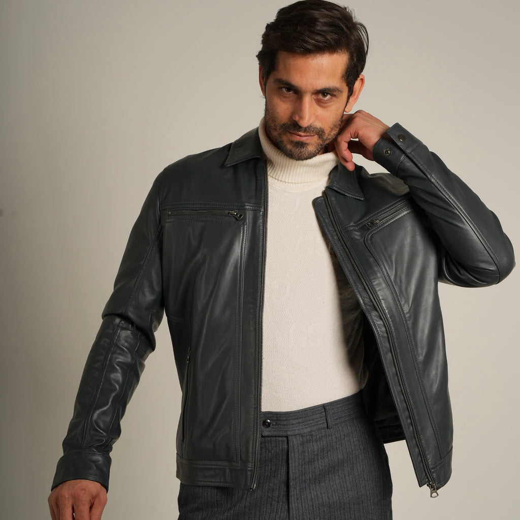 Steel Blue Shirt Collar Leather Jacket - Refined Elegance Meets Modern Sophistication
