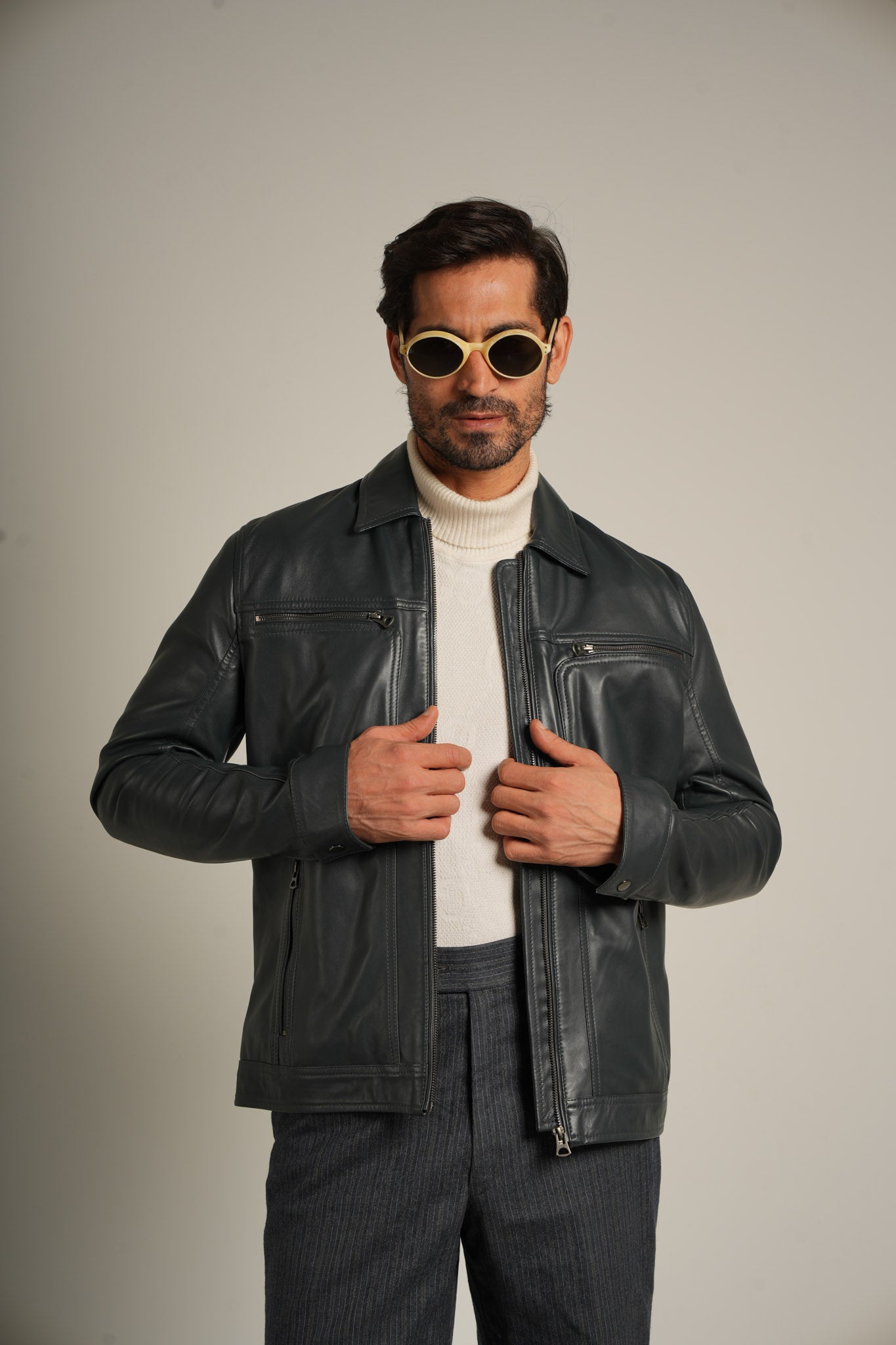 Steel Blue Shirt Collar Leather Jacket - Refined Elegance Meets Modern Sophistication