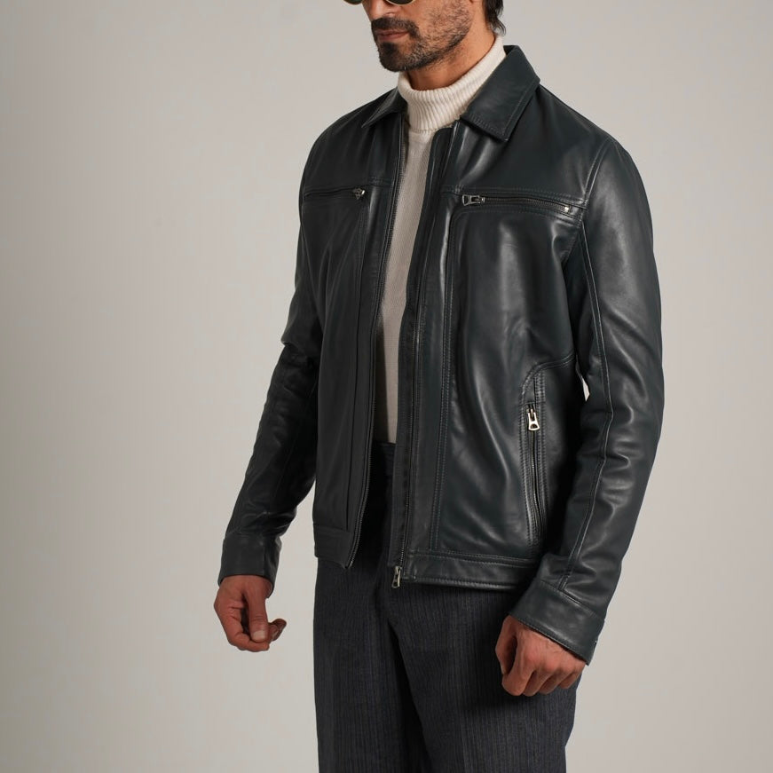 Steel Blue Shirt Collar Leather Jacket - Refined Elegance Meets Modern Sophistication