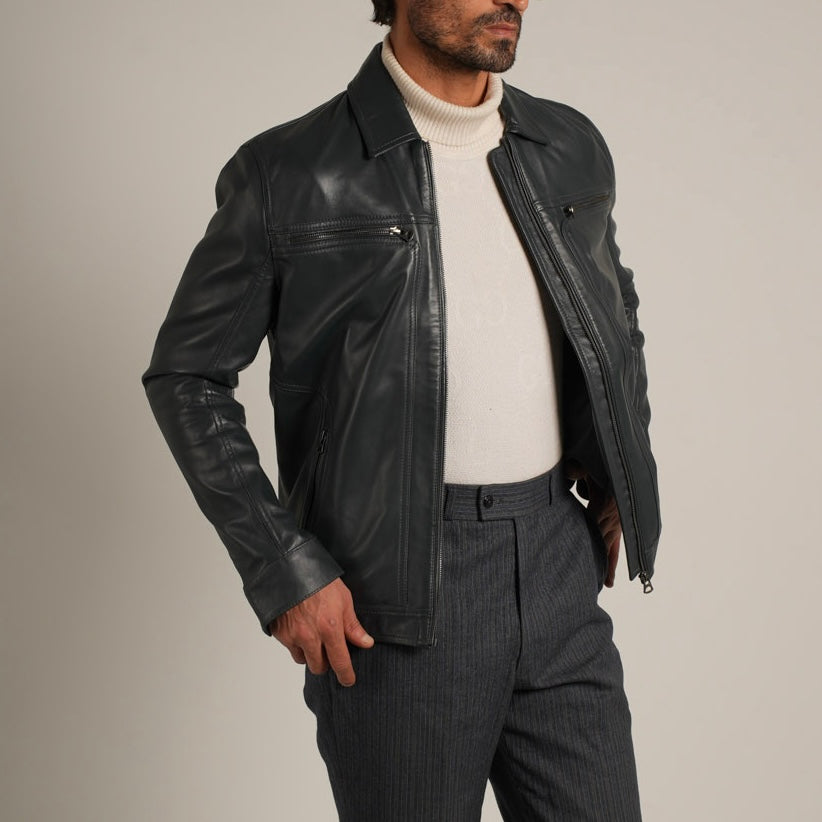 Steel Blue Shirt Collar Leather Jacket - Refined Elegance Meets Modern Sophistication