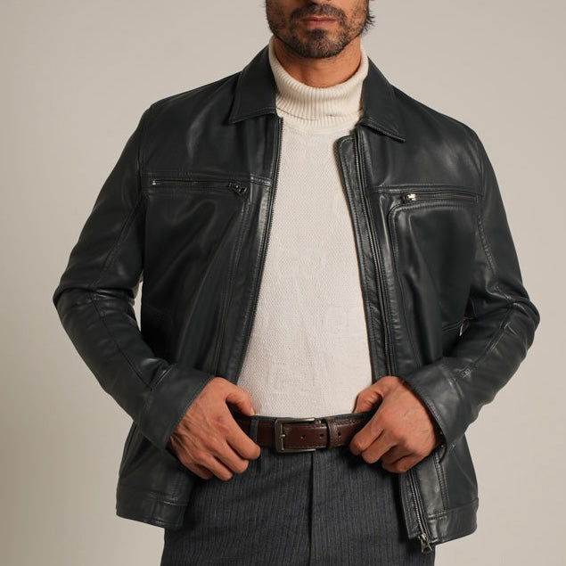 Steel Blue Shirt Collar Leather Jacket - Refined Elegance Meets Modern Sophistication
