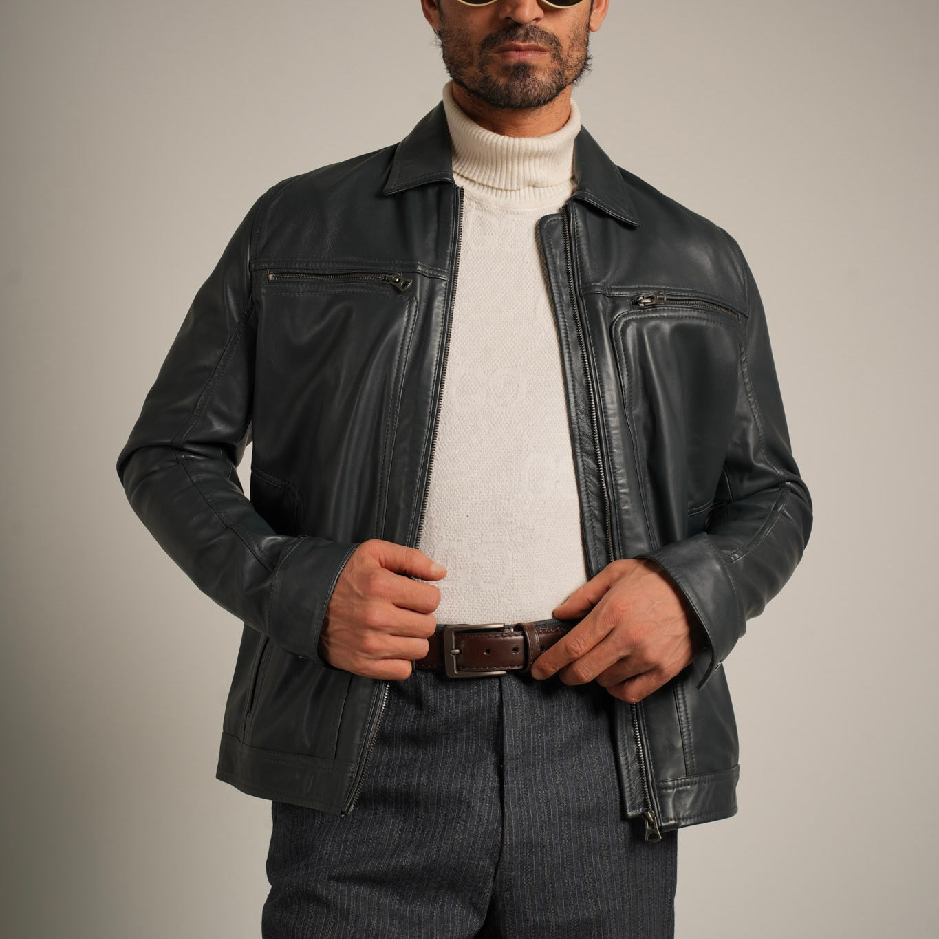Steel Blue Shirt Collar Leather Jacket - Refined Elegance Meets Modern Sophistication