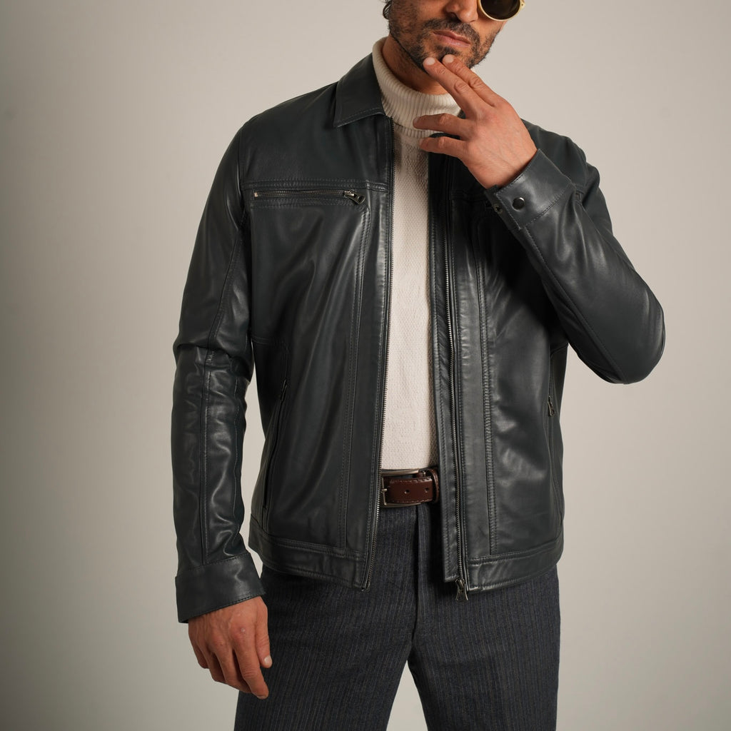 Steel Blue Shirt Collar Leather Jacket - Refined Elegance Meets Modern Sophistication