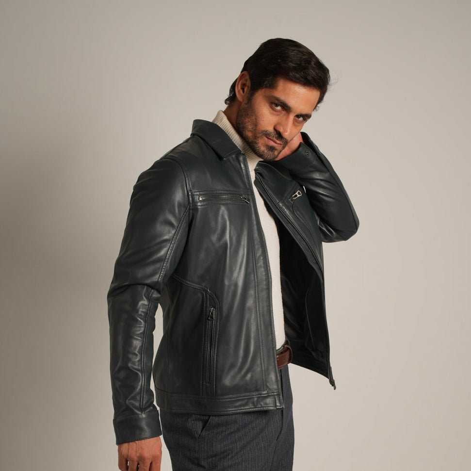 Steel Blue Shirt Collar Leather Jacket - Refined Elegance Meets Modern Sophistication