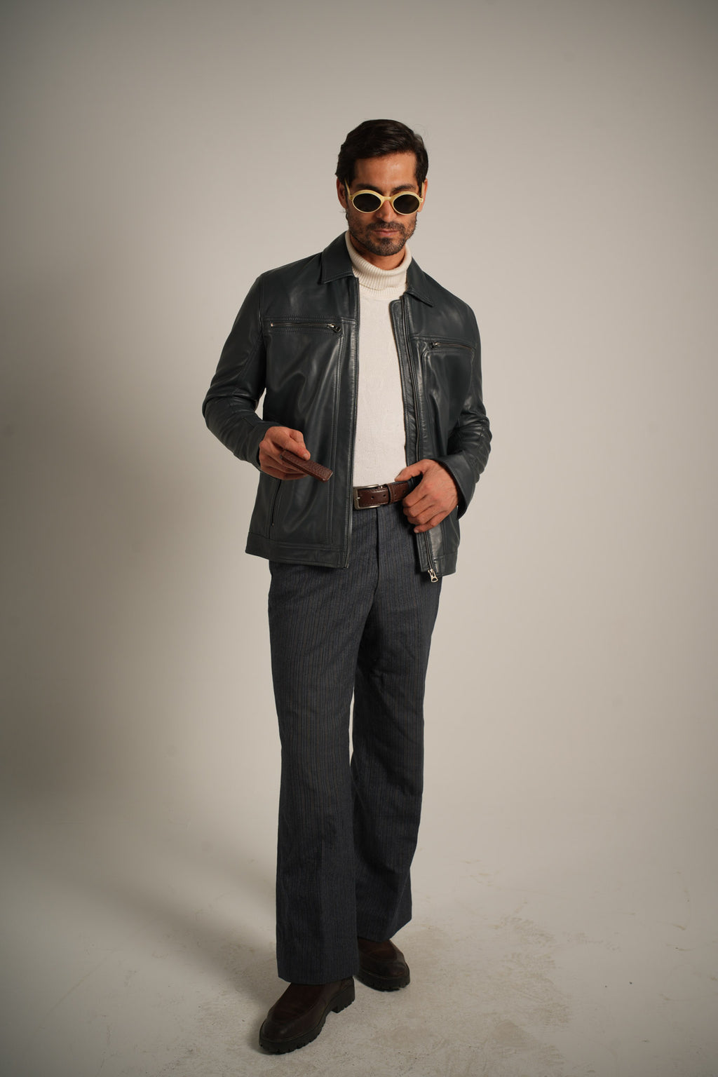 Steel Blue Shirt Collar Leather Jacket - Refined Elegance Meets Modern Sophistication