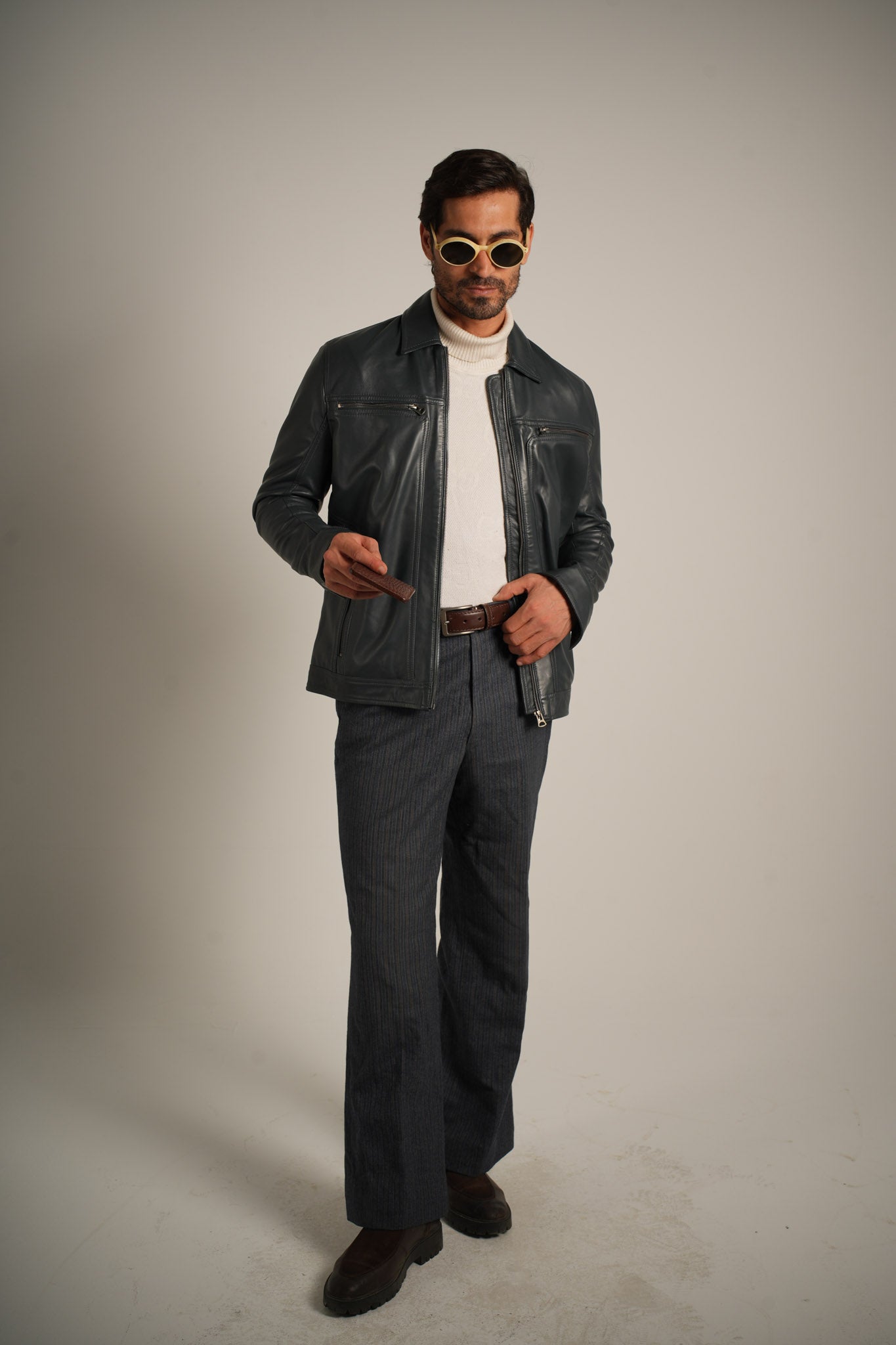 Steel Blue Shirt Collar Leather Jacket - Refined Elegance Meets Modern Sophistication