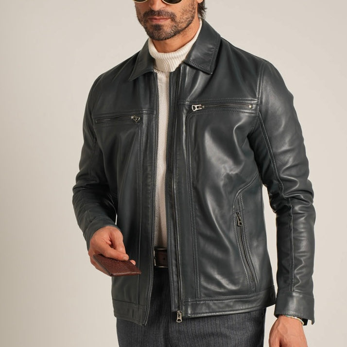 Steel Blue Shirt Collar Leather Jacket - Refined Elegance Meets Modern Sophistication