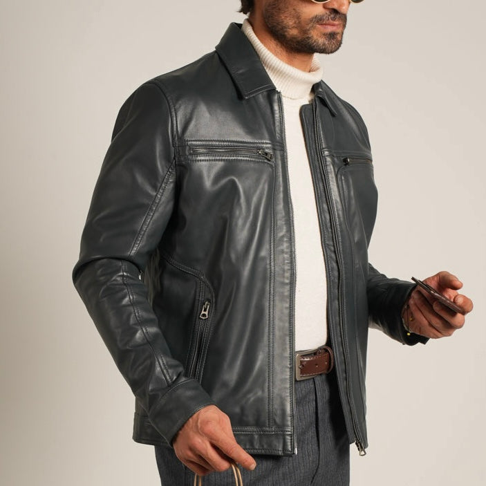 Steel Blue Shirt Collar Leather Jacket - Refined Elegance Meets Modern Sophistication