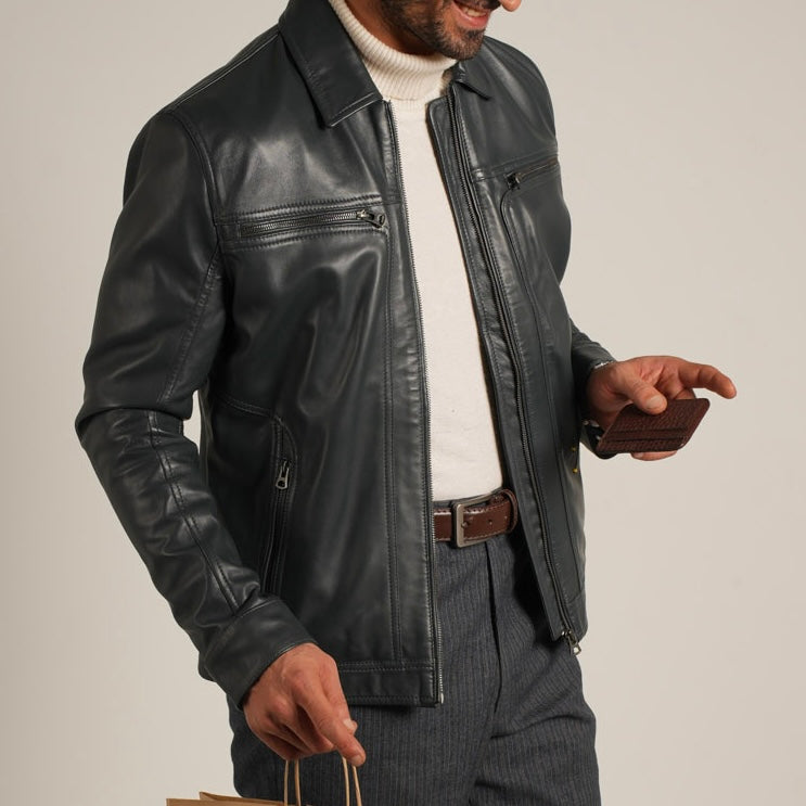 Steel Blue Shirt Collar Leather Jacket - Refined Elegance Meets Modern Sophistication