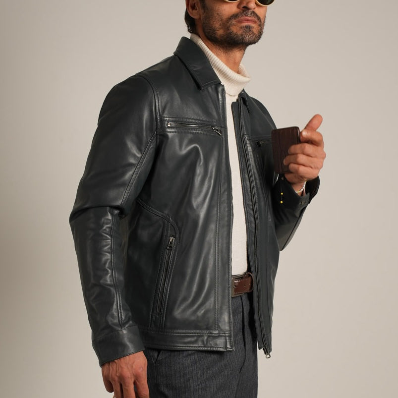 Steel Blue Shirt Collar Leather Jacket - Refined Elegance Meets Modern Sophistication