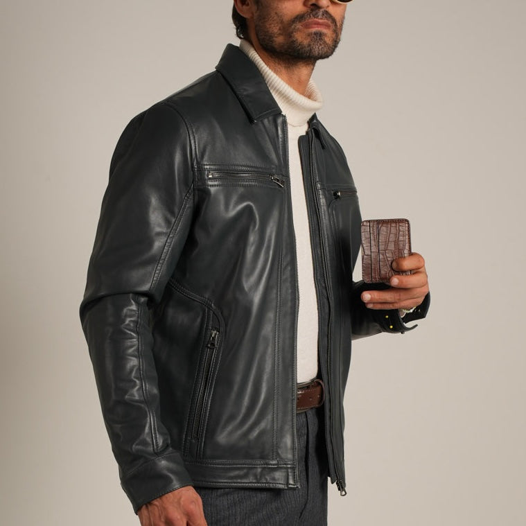 Steel Blue Shirt Collar Leather Jacket - Refined Elegance Meets Modern Sophistication