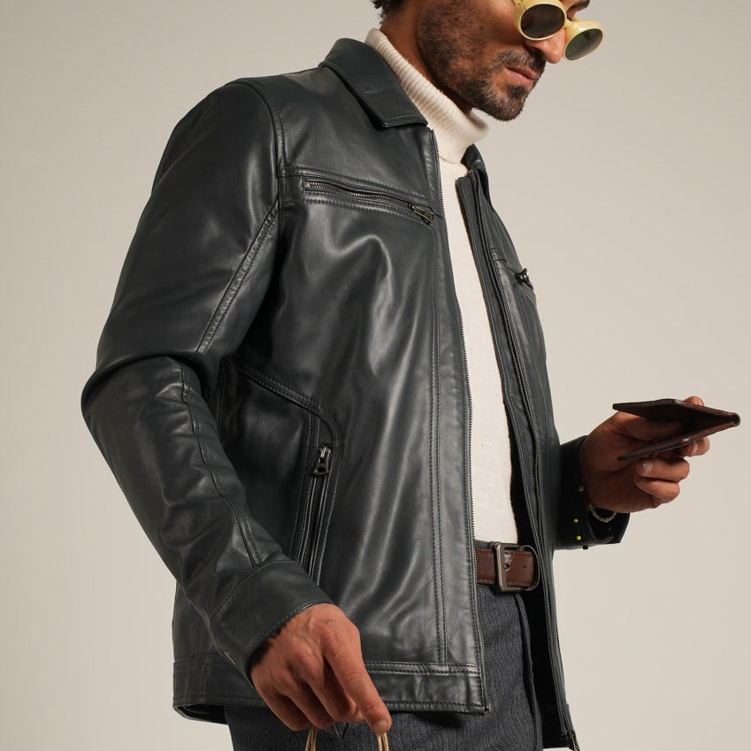 Steel Blue Shirt Collar Leather Jacket - Refined Elegance Meets Modern Sophistication