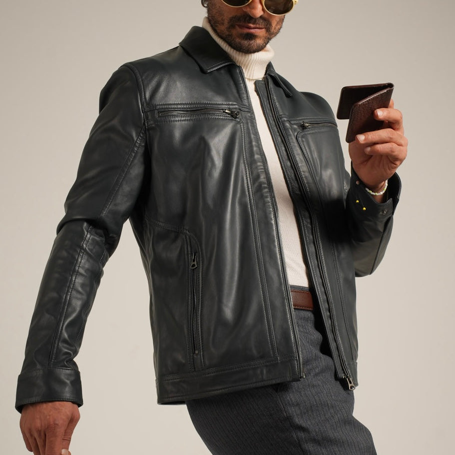 Steel Blue Shirt Collar Leather Jacket - Refined Elegance Meets Modern Sophistication