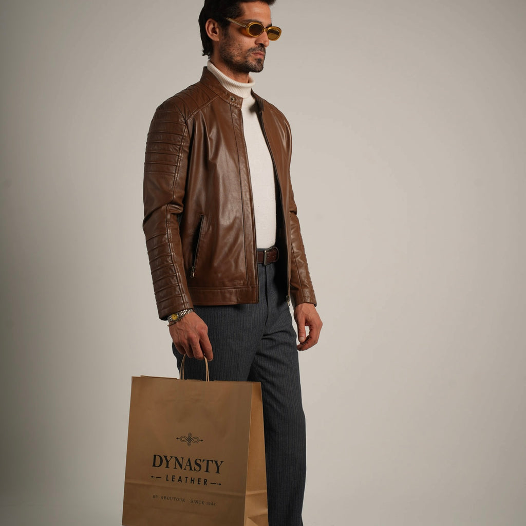 Ribbed Hazelnut Leather Jacket - Textured Elegance Meets Timeless Style