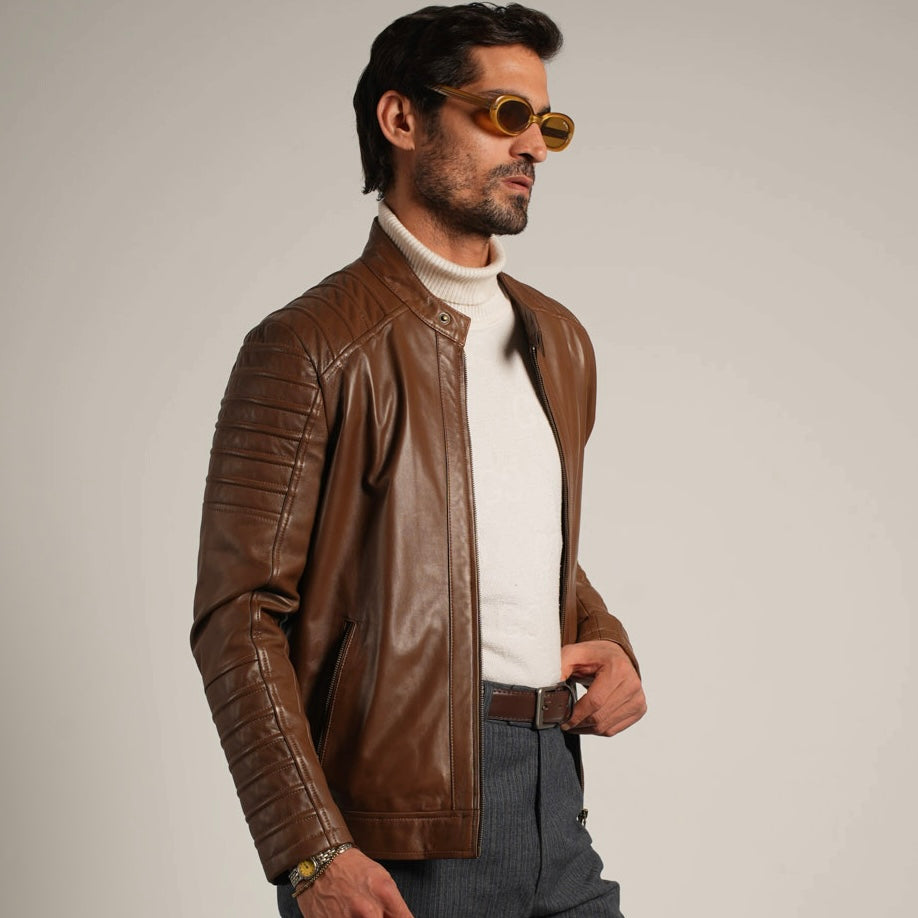 Ribbed Hazelnut Leather Jacket - Textured Elegance Meets Timeless Style