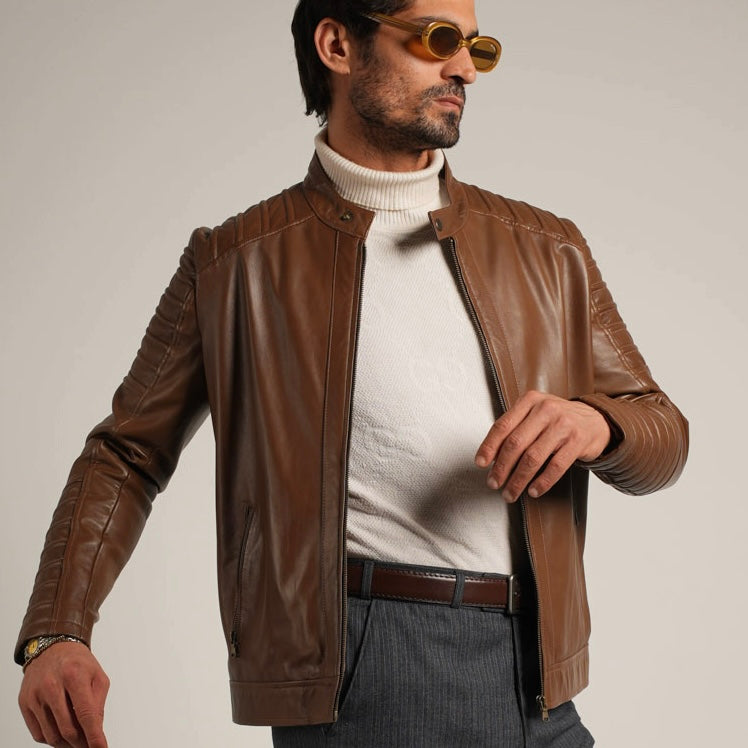 Ribbed Hazelnut Leather Jacket - Textured Elegance Meets Timeless Style