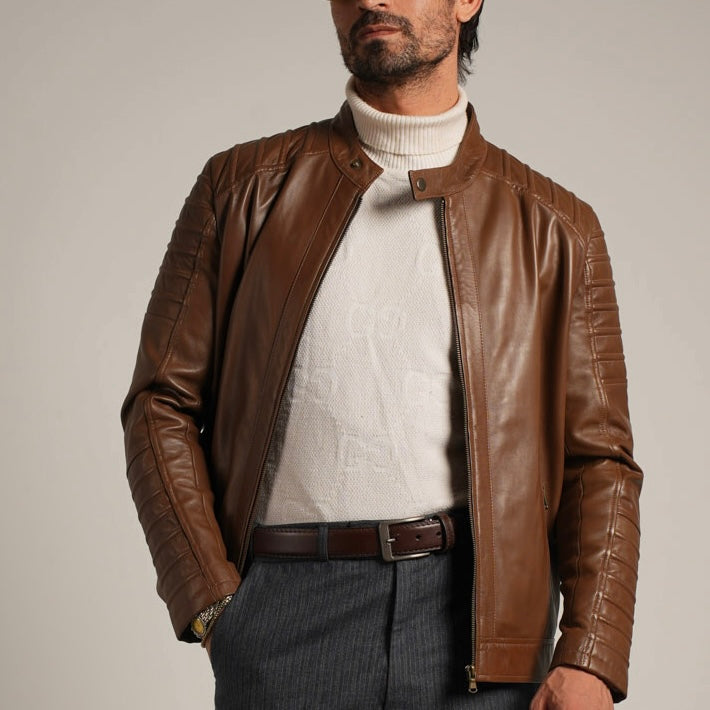Ribbed Hazelnut Leather Jacket - Textured Elegance Meets Timeless Style