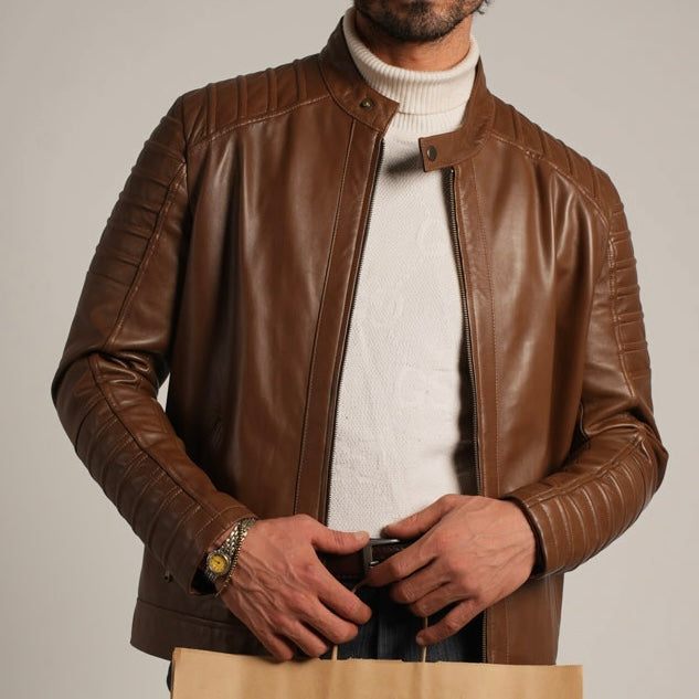 Ribbed Hazelnut Leather Jacket - Textured Elegance Meets Timeless Style