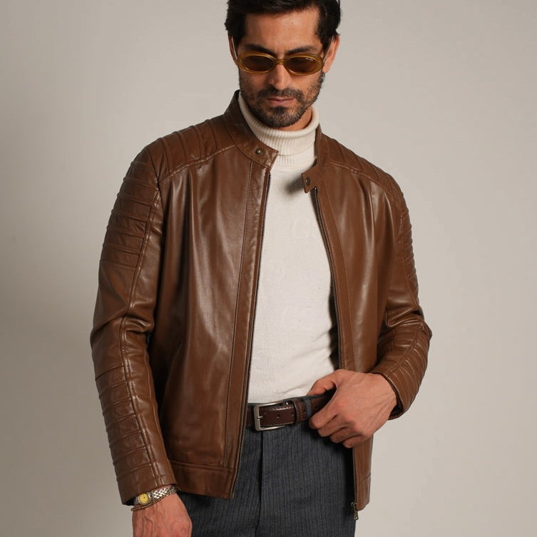 Ribbed Hazelnut Leather Jacket - Textured Elegance Meets Timeless Style