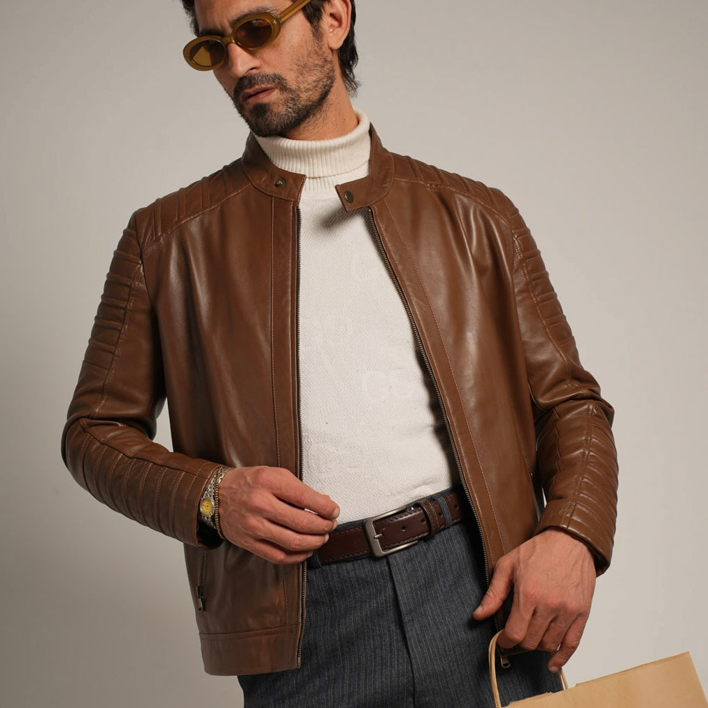 Ribbed Hazelnut Leather Jacket - Textured Elegance Meets Timeless Style