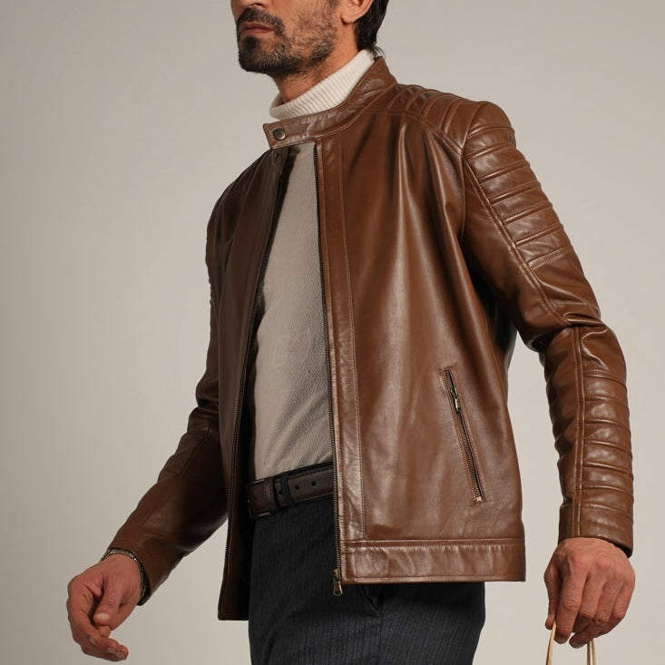 Ribbed Hazelnut Leather Jacket - Textured Elegance Meets Timeless Style