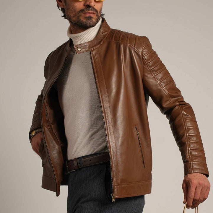 Ribbed Hazelnut Leather Jacket - Textured Elegance Meets Timeless Style