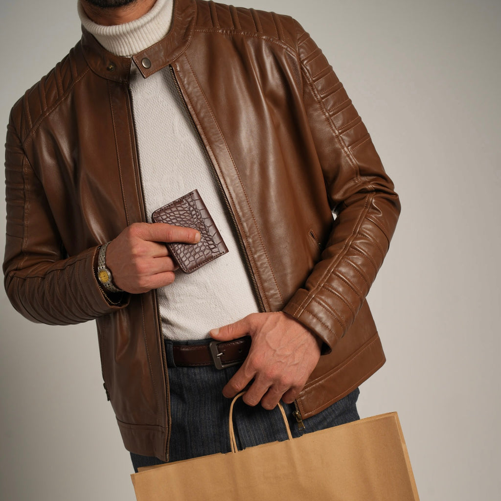 Ribbed Hazelnut Leather Jacket - Textured Elegance Meets Timeless Style