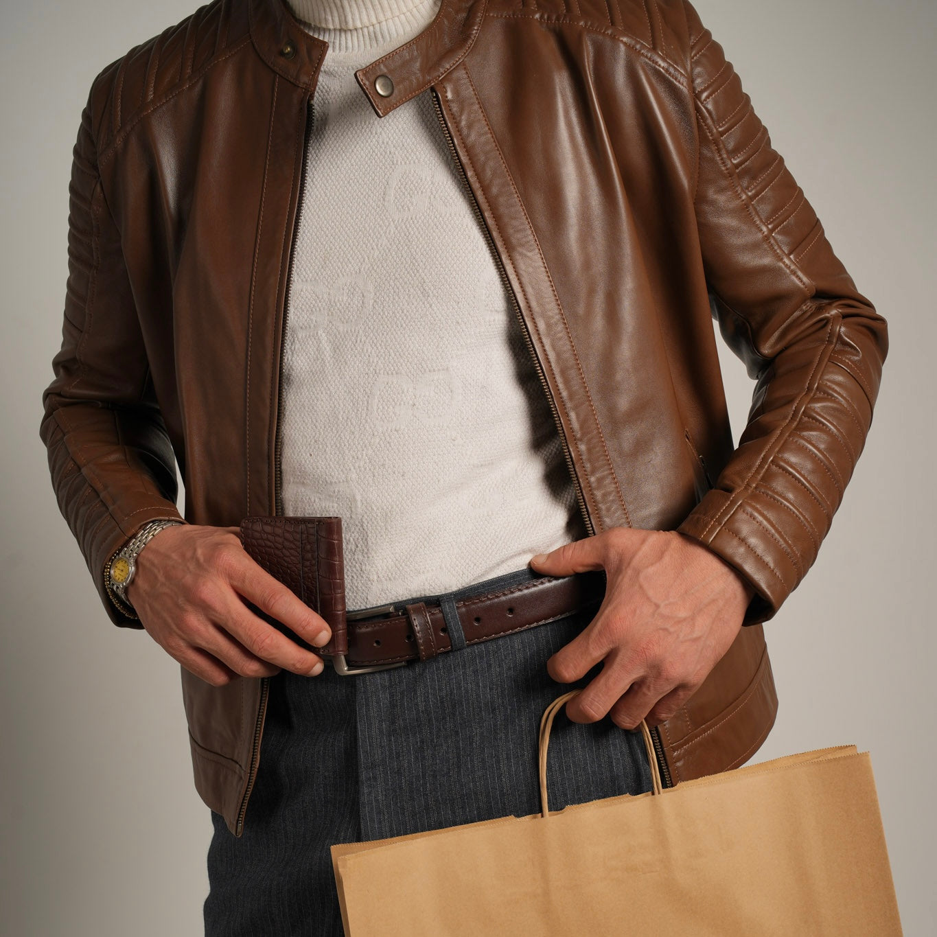 Ribbed Hazelnut Leather Jacket - Textured Elegance Meets Timeless Style