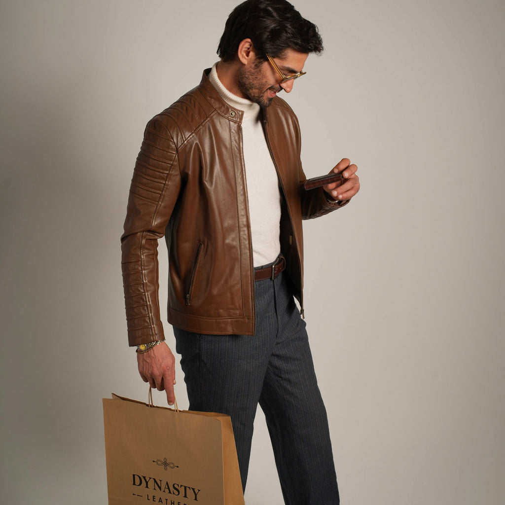 Ribbed Hazelnut Leather Jacket - Textured Elegance Meets Timeless Style