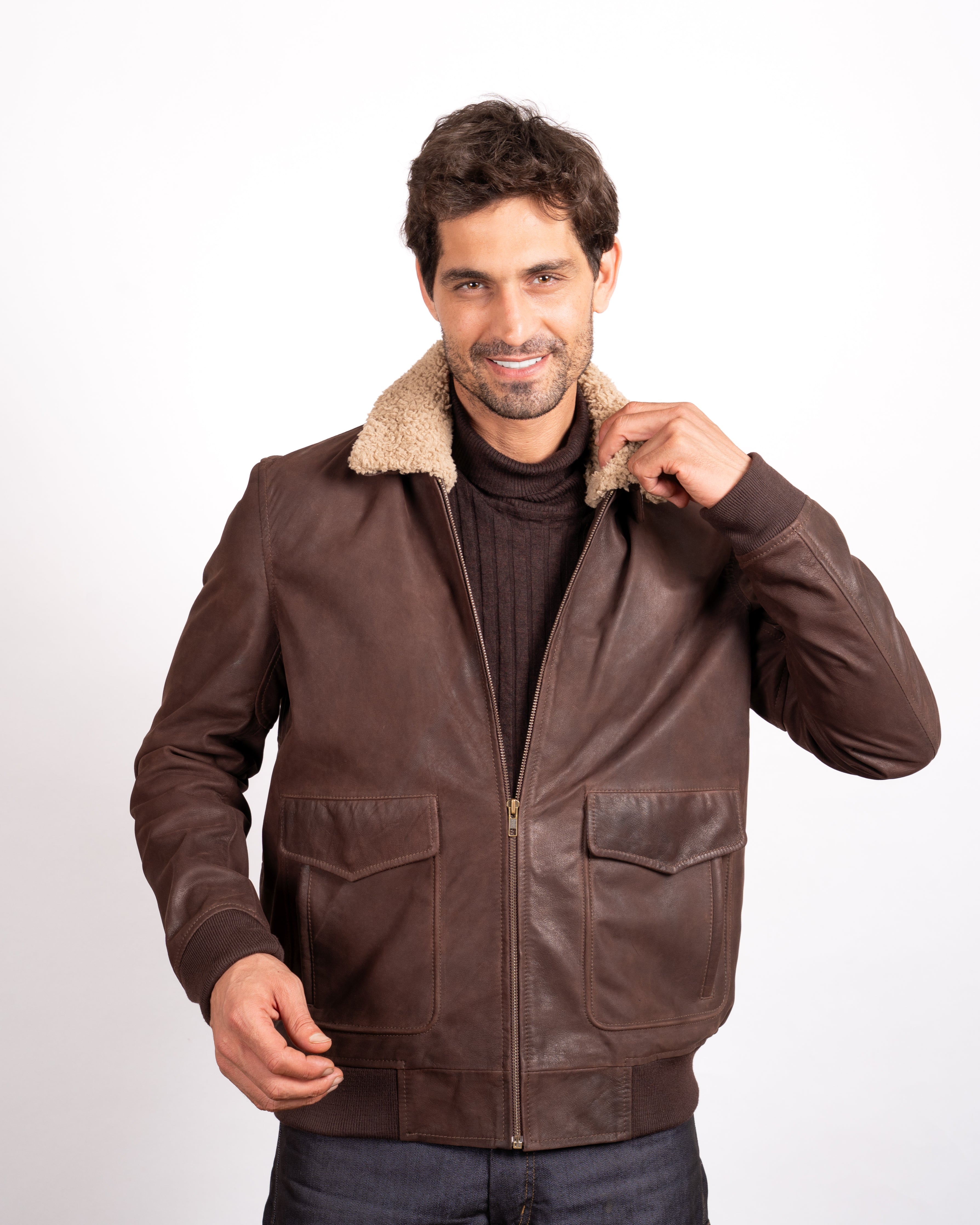 Stone Aviator Leather Jacket - Neutral Elegance Meets Classic Flight Style