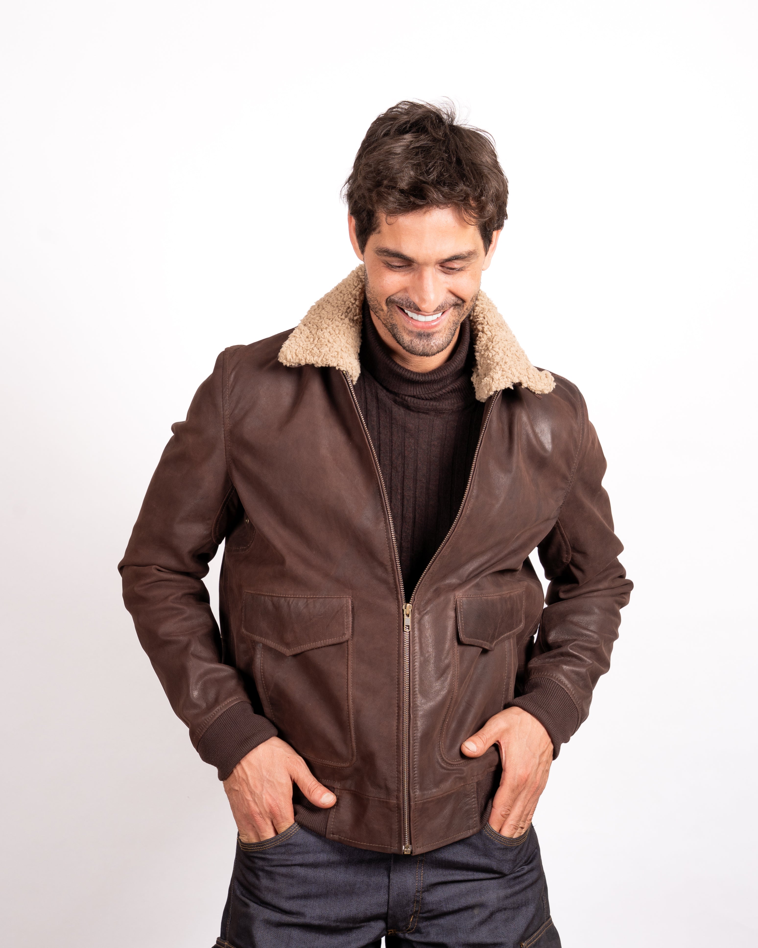 Stone Aviator Leather Jacket - Neutral Elegance Meets Classic Flight Style
