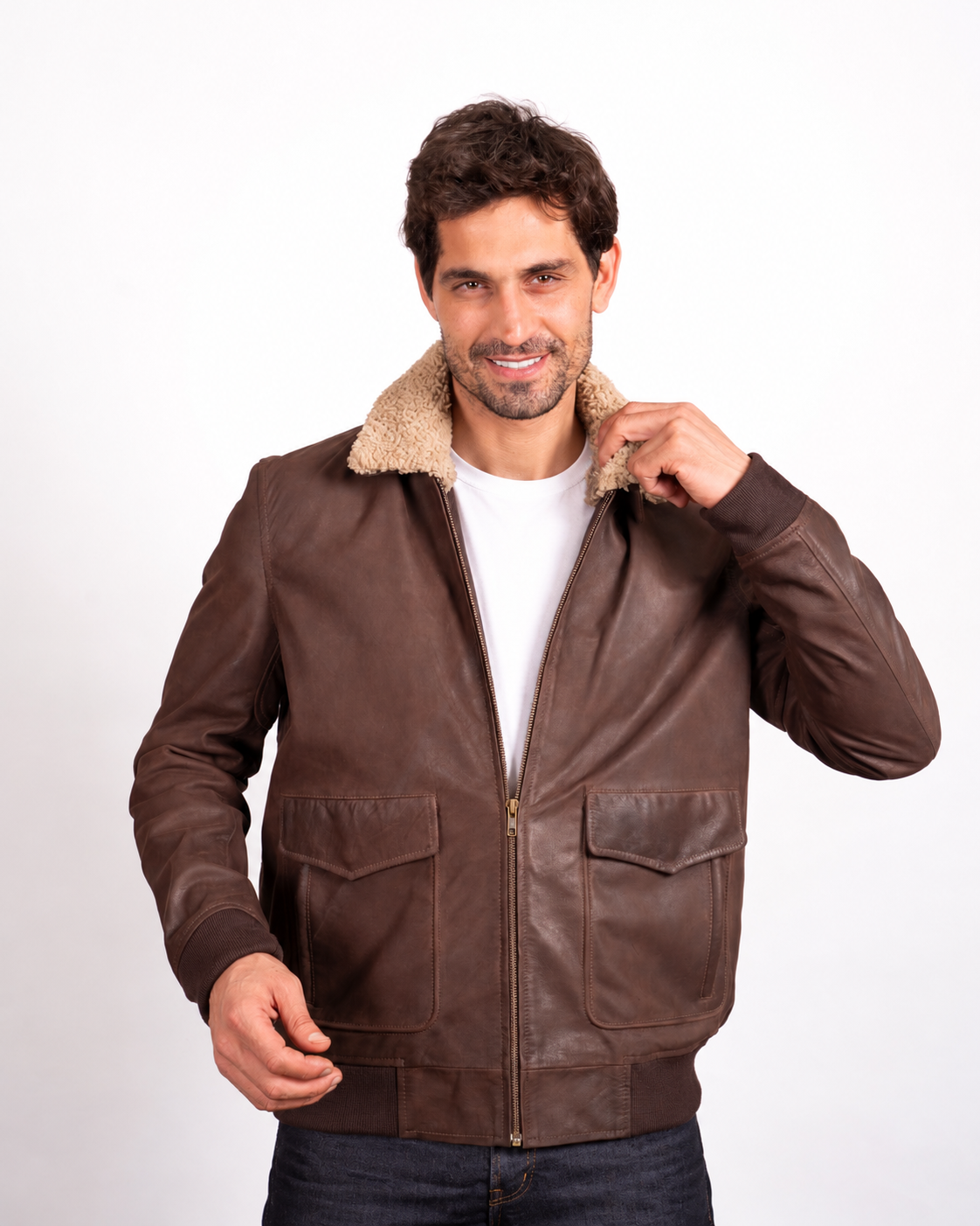 Stone Aviator Leather Jacket - Neutral Elegance Meets Classic Flight Style